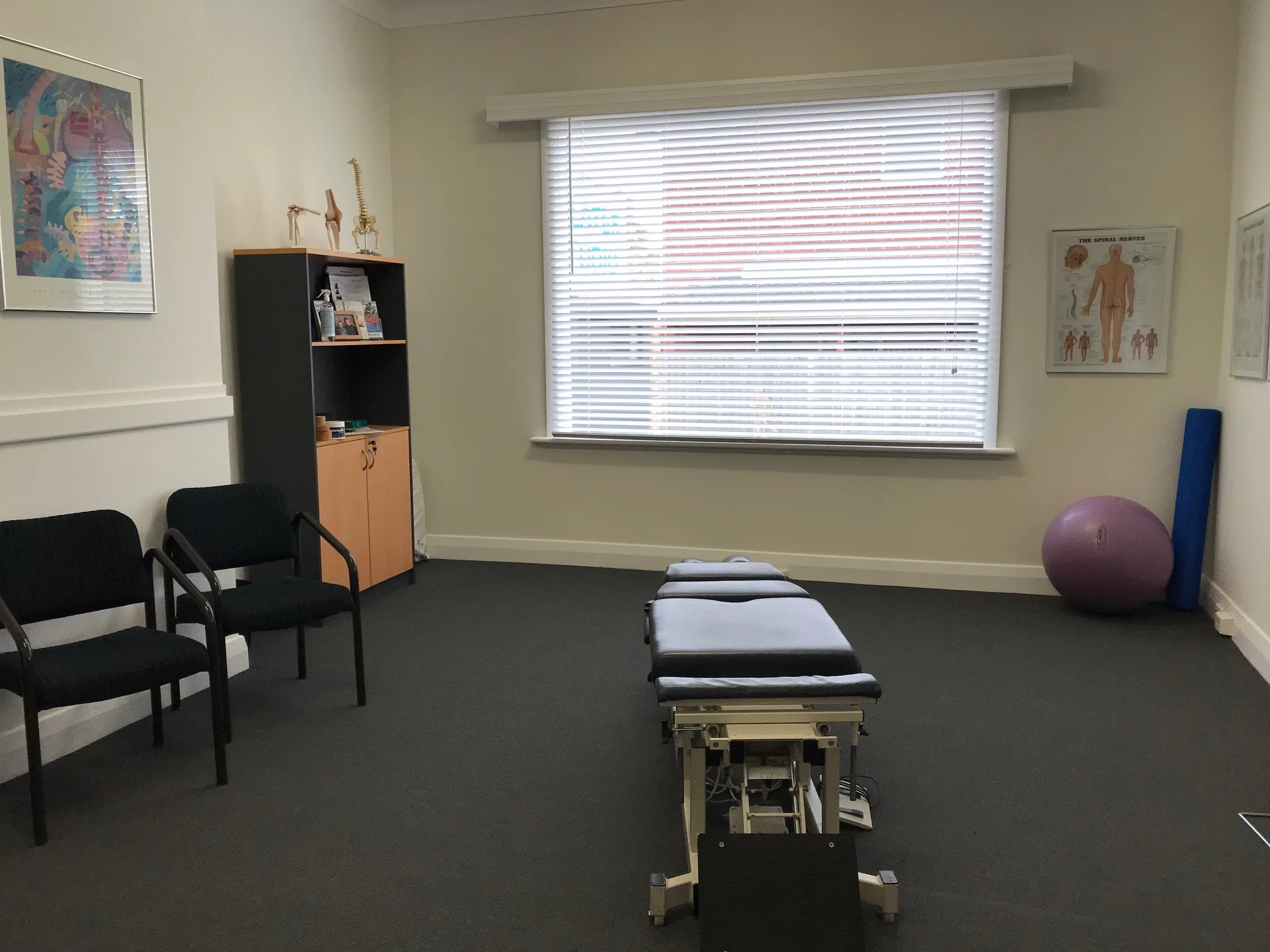 Aligned Health chiropractic treatment room with adjustment table and spinal anatomy charts